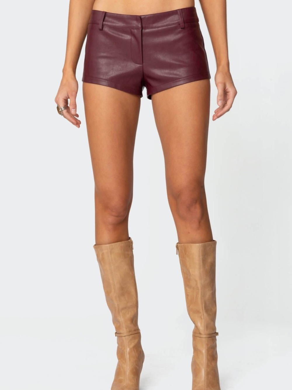 Edikted Melaney Faux Leather Micro Shorts- Burgundy